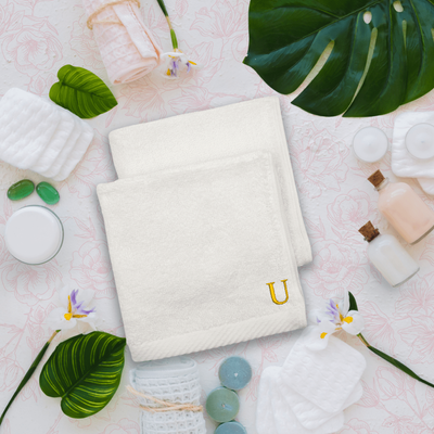 Embroidered For You (White) Monogrammed Face Towel (33 x 33 Cm - Set of 6) 100% Cotton, Absorbent and Quick dry, High Quality Bath Linen- 600 Gsm Golden Thread Letter "U"