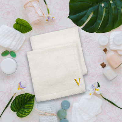 Embroidered For You (White) Monogrammed Face Towel (33 x 33 Cm - Set of 6) 100% Cotton, Absorbent and Quick dry, High Quality Bath Linen- 600 Gsm Golden Thread Letter "V"