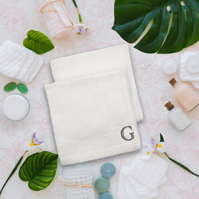 Embroidered For You (White) Monogrammed Face Towel (33 x 33 Cm - Set of 6) 100% Cotton, Absorbent and Quick dry, High Quality Bath Linen- 600 Gsm Silver Thread Letter "G"