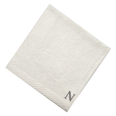 Embroidered For You (White) Monogrammed Face Towel (33 x 33 Cm - Set of 6) 100% Cotton, Absorbent and Quick dry, High Quality Bath Linen- 600 Gsm Silver Thread Letter "N"