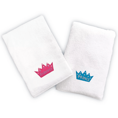 Iris Embroidered For You Hand Towel (50 x 80 Cm) White (100% Cotton) Princess & Prince Blue-Pink Thread - (Set of 2) 600 Gsm