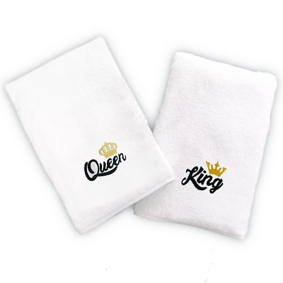 Iris Embroidered For You Hand Towel (50 x 80 Cm) White (100% Cotton) Queen & King Black Thread - (Set of 2) 600 Gsm