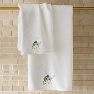 Iris Embroidered For You Hand Towel (50 x 80 Cm) White (100% Cotton) Camel Blue-Gold Thread - (Set of 1) 600 Gsm