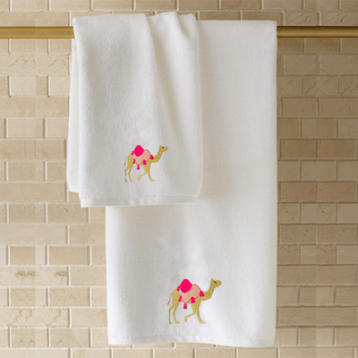 Iris Embroidered For You Hand Towel (50 x 80 Cm) White (100% Cotton) Camel Pink-Gold Thread - (Set of 1) 600 Gsm