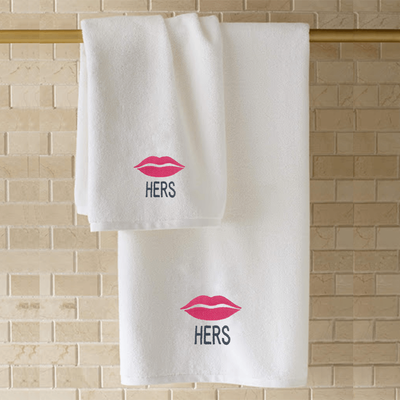 Iris Embroidered For You Hand Towel (50 x 80 Cm) White (100% Cotton) Her Lips Pink Thread - (Set of 1) 600 Gsm