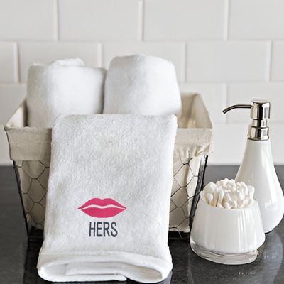 Iris Embroidered For You Hand Towel (50 x 80 Cm) White (100% Cotton) Her Lips Pink Thread - (Set of 1) 600 Gsm