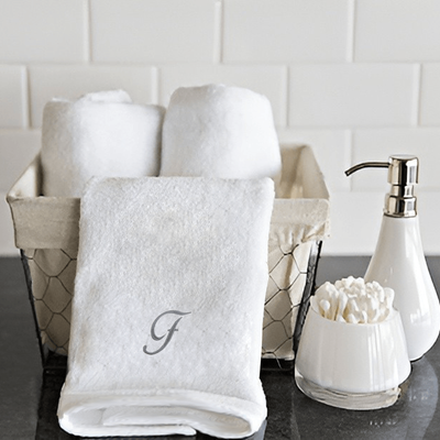 Iris Embroidered For You Hand Towel (50 x 80 Cm) White (100% Cotton) Letter "F" Silver Thread Ballantines Font - (Set of 1) 600 Gsm