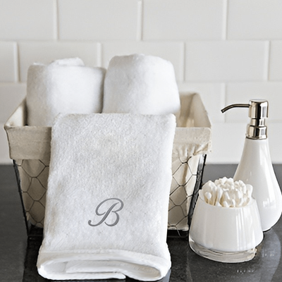 Iris Embroidered For You Hand Towel (50 x 80 Cm) White (100% Cotton) Letter "B" Silver Thread Ballantines Font - (Set of 1) 600 Gsm