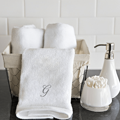 Iris Embroidered For You Hand Towel (50 x 80 Cm) White (100% Cotton) Letter "G" Silver Thread Ballantines Font - (Set of 1) 600 Gsm