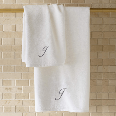 Iris Embroidered For You Hand Towel (50 x 80 Cm) White (100% Cotton) Letter "J" Silver Thread Ballantines Font - (Set of 1) 600 Gsm