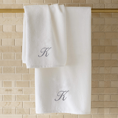 Iris Embroidered For You Hand Towel (50 x 80 Cm) White (100% Cotton) Letter "K" Silver Thread Ballantines Font - (Set of 1) 600 Gsm