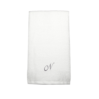 Iris Embroidered For You Hand Towel (50 x 80 Cm) White (100% Cotton) Letter "N" Silver Thread Ballantines Font - (Set of 1) 600 Gsm