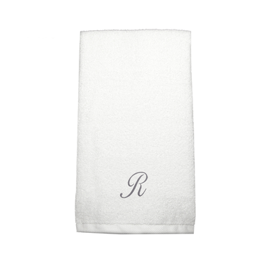 Iris Embroidered For You Hand Towel (50 x 80 Cm) White (100% Cotton) Letter "R" Silver Thread Ballantines Font - (Set of 1) 600 Gsm