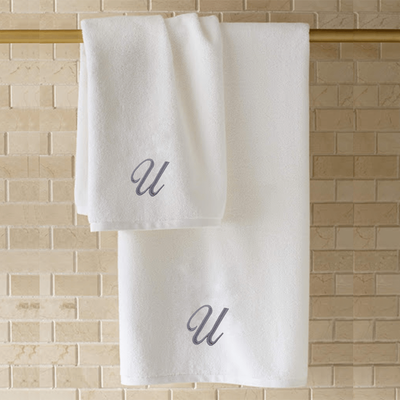 Iris Embroidered For You Hand Towel (50 x 80 Cm) White (100% Cotton) Letter "U" Silver Thread Ballantines Font - (Set of 1) 600 Gsm