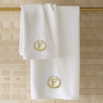 Iris Embroidered For You Hand Towel (50 x 80 Cm) White (100% Cotton) Letter "F" Gold Thread Ballantines Font - (Set of 1) 600 Gsm