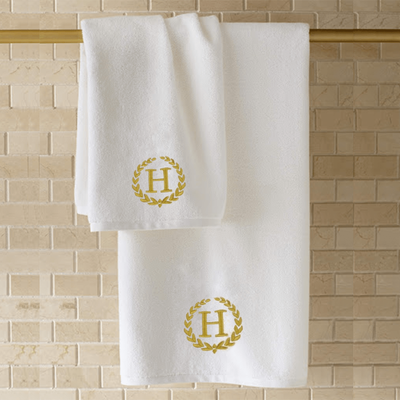 Iris Embroidered For You Hand Towel (50 x 80 Cm) White (100% Cotton) Letter "H" Gold Thread Ballantines Font - (Set of 1) 600 Gsm