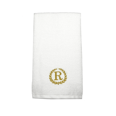 Iris Embroidered For You Hand Towel (50 x 80 Cm) White (100% Cotton) Letter "R" Gold Thread Ballantines Font - (Set of 1) 600 Gsm