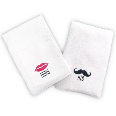 Iris Embroidered For You Hand Towel (50 x 80 Cm) White (100% Cotton) Her Lips & His Mustache Black-Pink Thread - (Set of 2) 600 Gsm