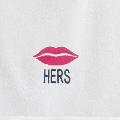 Iris Embroidered For You Hand Towel (50 x 80 Cm) White (100% Cotton) Her Lips & His Mustache Black-Pink Thread - (Set of 2) 600 Gsm