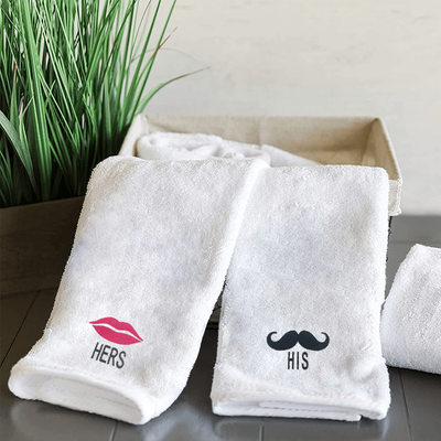 Iris Embroidered For You Hand Towel (50 x 80 Cm) White (100% Cotton) Her Lips & His Mustache Black-Pink Thread - (Set of 2) 600 Gsm