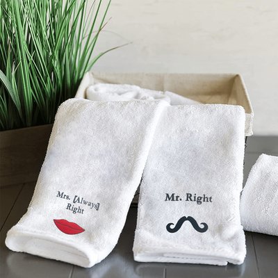 Iris Embroidered For You Hand Towel (50 x 80 Cm) White (100% Cotton) Mrs. Always Right & Mr. Right Black Thread - (Set of 2) 600 Gsm