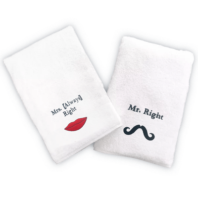 Iris Embroidered For You Hand Towel (50 x 80 Cm) White (100% Cotton) Mrs. Always Right & Mr. Right Black Thread - (Set of 2) 600 Gsm