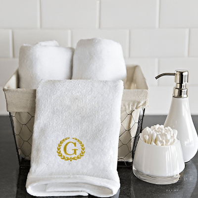 Iris Embroidered For You Hand Towel (50 x 80 Cm) White (100% Cotton) Letter "G" Gold Thread Ballantines Font - (Set of 1) 600 Gsm