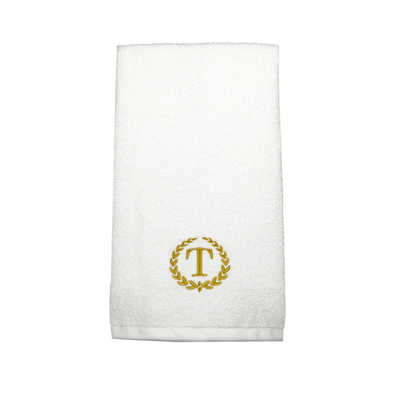 Iris Embroidered For You Hand Towel (50 x 80 Cm) White (100% Cotton) Letter "T" Gold Thread Ballantines Font - (Set of 1) 600 Gsm
