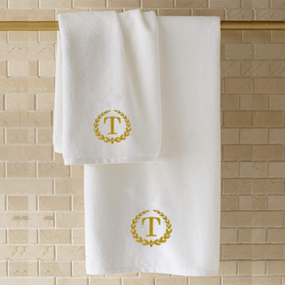 Iris Embroidered For You Hand Towel (50 x 80 Cm) White (100% Cotton) Letter "T" Gold Thread Ballantines Font - (Set of 1) 600 Gsm