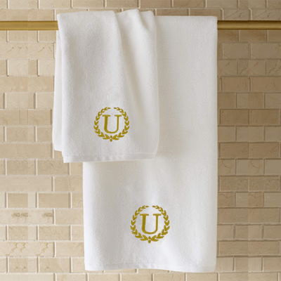 Iris Embroidered For You Hand Towel (50 x 80 Cm) White (100% Cotton) Letter "U" Gold Thread Ballantines Font - (Set of 1) 600 Gsm