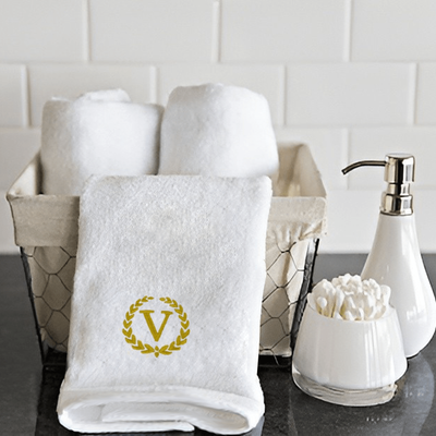 Iris Embroidered For You Hand Towel (50 x 80 Cm) White (100% Cotton) Letter "V" Gold Thread Ballantines Font - (Set of 1) 600 Gsm
