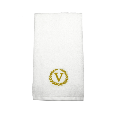 Iris Embroidered For You Hand Towel (50 x 80 Cm) White (100% Cotton) Letter "V" Gold Thread Ballantines Font - (Set of 1) 600 Gsm