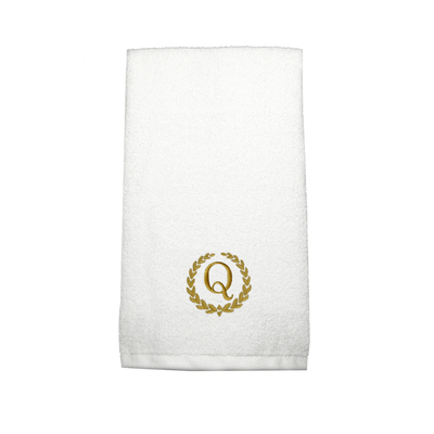 Iris Embroidered For You Hand Towel (50 x 80 Cm) White (100% Cotton) Letter "Q" Gold Thread Ballantines Font - (Set of 1) 600 Gsm