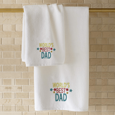 منشفة يد  قزحية مطرزة لك (50 × 80 سم) بيضاء (100% قطن) خيط Worlds Best Dad أزرق وأحمر وأصفر - (مجموعة من 1) 600 جرام لكل متر مربع
