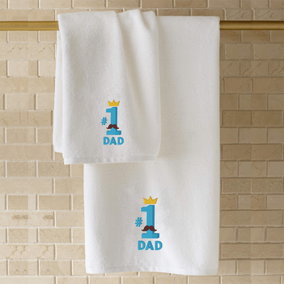 Iris Embroidered For You Hand Towel (50 x 80 Cm) White (100% Cotton) #No.1 Dad Black - Blue - Yellow Thread - (Set of 1) 600 Gsm