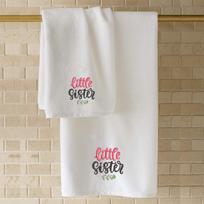 Iris Embroidered For You Hand Towel (50 x 80 Cm) White (100% Cotton) Little Sister Black-Pink Thread - (Set of 1) 600 Gsm