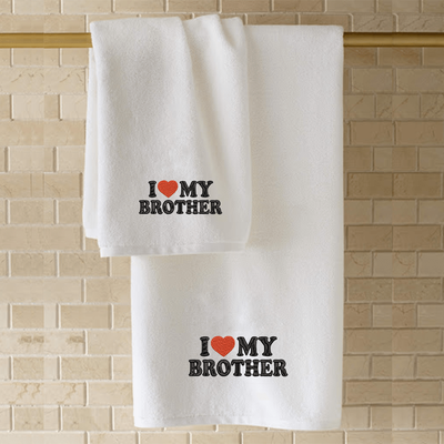 Iris Embroidered For You Hand Towel (50 x 80 Cm) White (100% Cotton) I Love My Brother Black-Red Thread - (Set of 1) 600 Gsm
