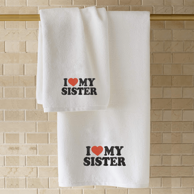 Iris Embroidered For You Hand Towel (50 x 80 Cm) White (100% Cotton) I Love My Sister Black-Red Thread - (Set of 1) 600 Gsm