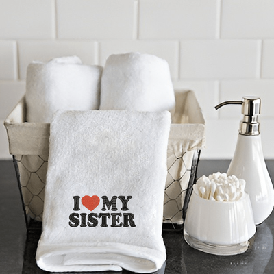 Iris Embroidered For You Hand Towel (50 x 80 Cm) White (100% Cotton) I Love My Sister Black-Red Thread - (Set of 1) 600 Gsm