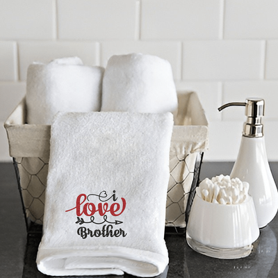 Iris Embroidered For You Hand Towel (50 x 80 Cm) White (100% Cotton) I Love U Brother Black-Red Thread - (Set of 1) 600 Gsm