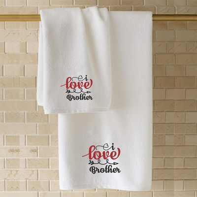 Iris Embroidered For You Hand Towel (50 x 80 Cm) White (100% Cotton) I Love U Brother Black-Red Thread - (Set of 1) 600 Gsm