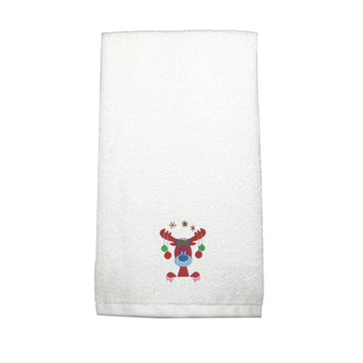 Iris Embroidered For You Hand Towel (50 x 80 Cm) White (100% Cotton) Reindeer with Christmas Ornament - (Set of 1) 600 Gsm