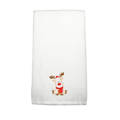 Iris Embroidered For You Hand Towel (50 x 80 Cm) White (100% Cotton) Reindeer with Christmas Cap and Scarf - (Set of 1) 600 Gsm