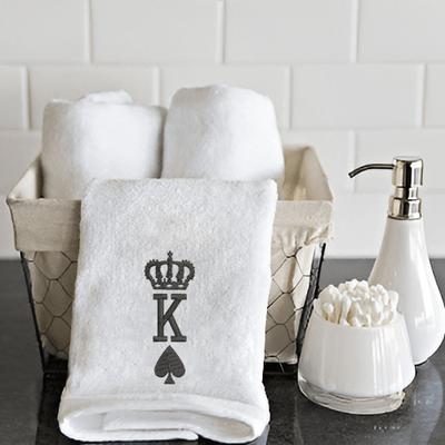 Iris Embroidered For You Hand Towel (50 x 80 Cm) White (100% Cotton) Crown King Spades - (Set of 1) 600 Gsm