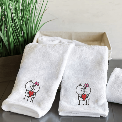 Iris Embroidered For You Hand Towel (50 x 80 Cm) White (100% Cotton) Him & Her with Heart - (Set of 2) 600 Gsm