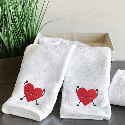 Iris Embroidered For You Hand Towel (50 x 80 Cm) White (100% Cotton) Happy Heart - (Set of 2) 600 Gsm