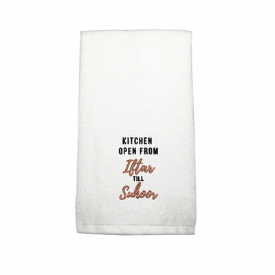 BYFTIris Embroidered For You Hand Towel (50 x 80 Cm) White (100% Cotton) Kitchen Open from Iftar till Suhoor Design Black Thread - (Set of 1) 600 Gsm