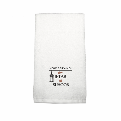 BYFTIris Embroidered For You Hand Towel (50 x 80 Cm) White (100% Cotton) Now Serving from Iftar to Suhoor Design Black Thread - (Set of 1) 600 Gsm
