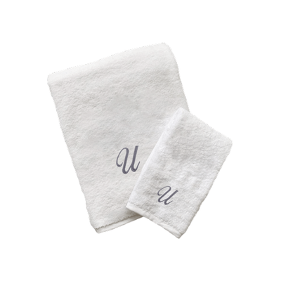 Iris Embroidered For You Hand Towel (50 x 80 Cm) Bath Towel (70 x 140 Cm) White (100% Cotton) Letter "U" Silver Thread Ballantines Font - (Set of 2) 600 Gsm