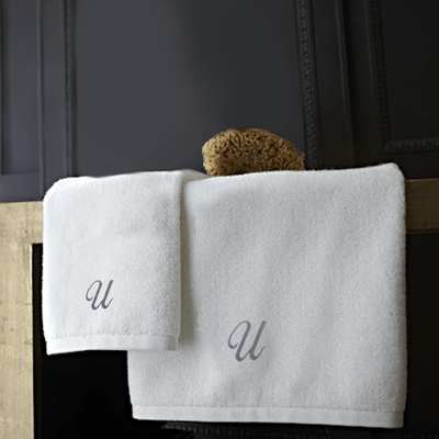 Iris Embroidered For You Hand Towel (50 x 80 Cm) Bath Towel (70 x 140 Cm) White (100% Cotton) Letter "U" Silver Thread Ballantines Font - (Set of 2) 600 Gsm